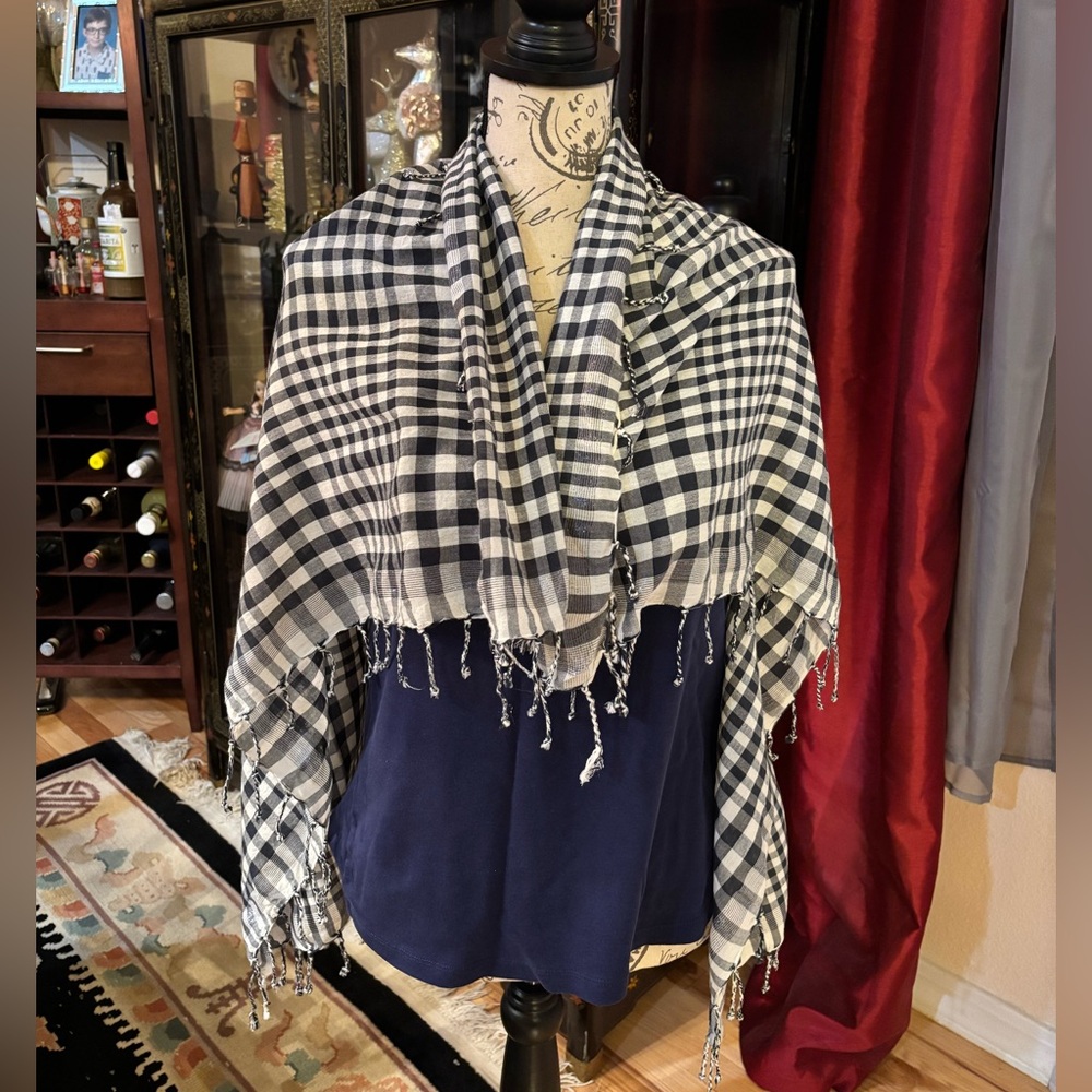 Navy Blue and White Checkered Lightweight Fringed Scarf